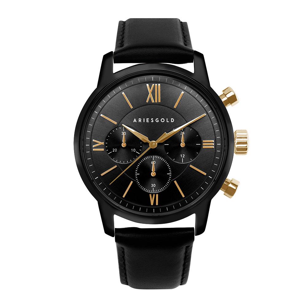 ARIES GOLD URBAN ETERNAL BLACK STAINLESS STEEL G 1027 BKG-BKG BLACK LEATHER STRAP MEN'S WATCH